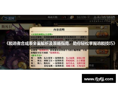 《脱逃者合成表全面解析及策略指南，助你轻松掌握逃脱技巧》