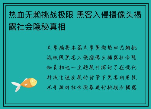 热血无赖挑战极限 黑客入侵摄像头揭露社会隐秘真相