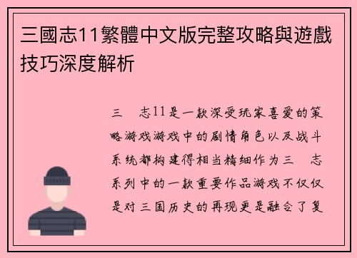 三國志11繁體中文版完整攻略與遊戲技巧深度解析